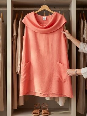 Match Point Casual Summer Linen Cowl Neck Tunic Dress Coral Orange Sz Large